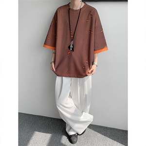 T10137-特批33  控68 开口笑高品质夏季大码短袖破洞潮流百搭T恤图片