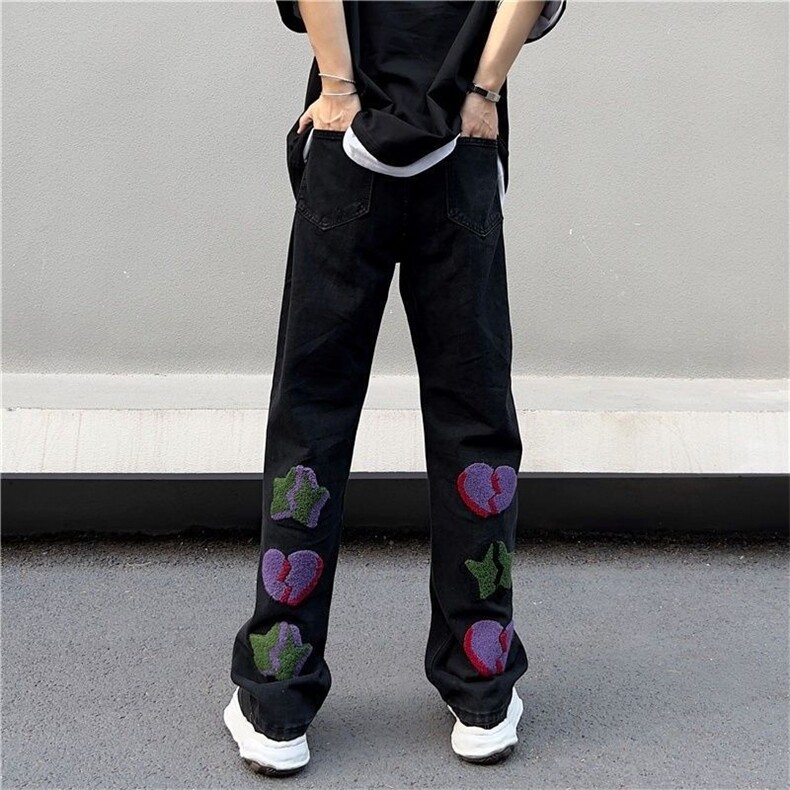 夏季慵懒风毛巾绣牛仔裤男士潮牌小众设计感九分裤百搭修身直筒裤，男装牛仔裤，星座506A