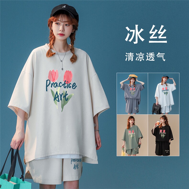 冰丝套装   夏季冰爽宽松舒适花卉印花T恤短裤情侣TZ6901 P65控78图片