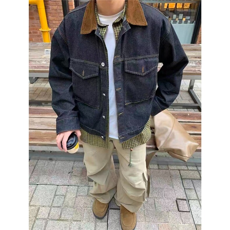 现货黑色牛仔翻领撞色工装夹克男JK96/P75,男装夹克,星座205-3