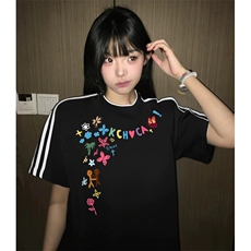 抖音得物高品质二开240克宽松纯棉美式潮牌三条杠织带短袖T恤，男装T恤，电商A486-1