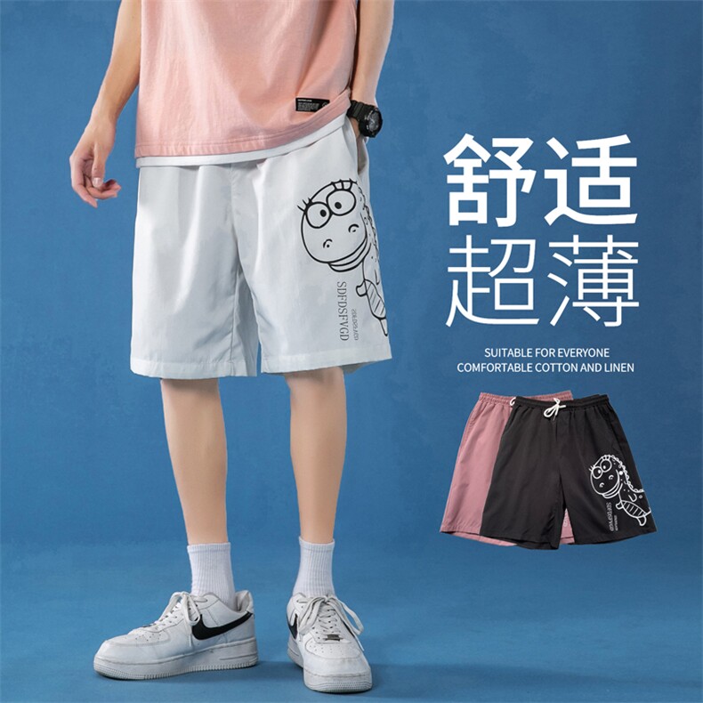 K202P25蓝底卡通恐龙印花百搭港风休闲裤五分裤情侣学生沙滩裤,男装休闲裤,电商A050