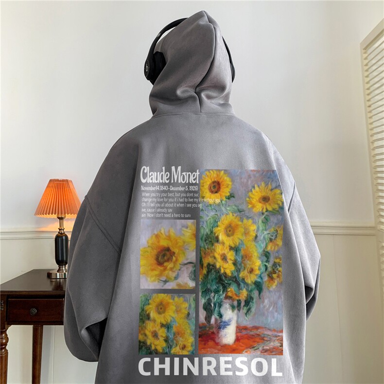 ！麂皮绒连帽卫衣 直播品质重磅400克向日葵印花JL7111-P45图片