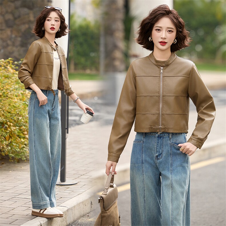 2025春秋季新款皮衣外套女短款立领时尚休闲小个子机车皮夹克上衣，女装皮衣，江南女神