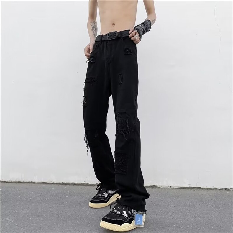 夏季破洞牛仔裤男拉链宽松直筒潮做旧牛仔裤N01626-P45,男装牛仔裤,星座308B-1