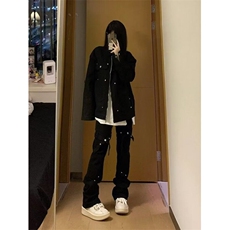 DN121-P48新款高街排扣工装裤男女春夏季直筒微喇裤-网图现货，男装牛仔裤，星座603-2