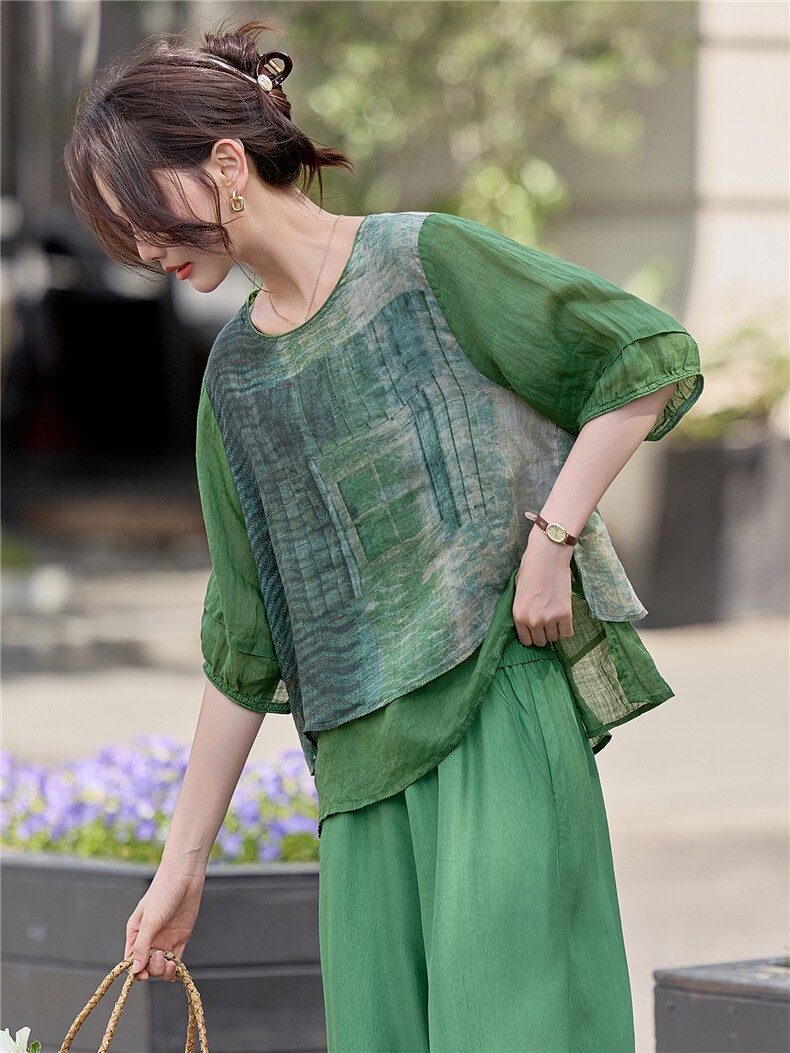 2026年夏季水墨印花假两件苎麻女上衣,女装蕾丝衫/雪纺衫,依恋蒂丝