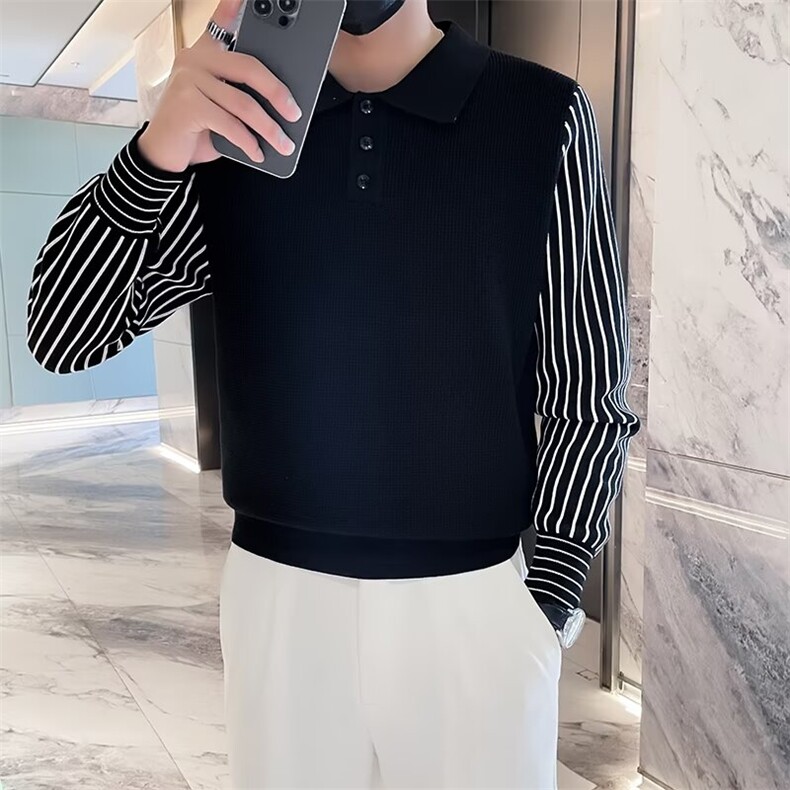假两件保暖针织衫男冬季痞帅条纹翻领毛衣新款男款线衣 M883图片
