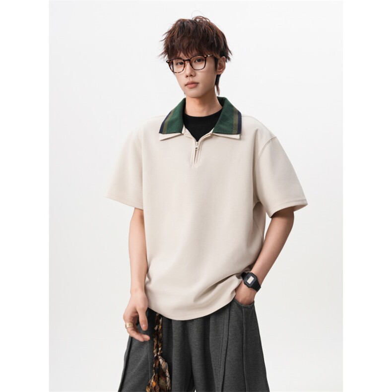 M-8XL美式复古撞色拼接polo衫半拉链短袖t恤大码宽松DX1227/特P40,男装T恤,电商B238