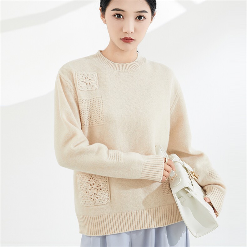 女士秋冬季新款时尚钩花圆领羊毛衫,女装羊毛衫,奢优羊绒