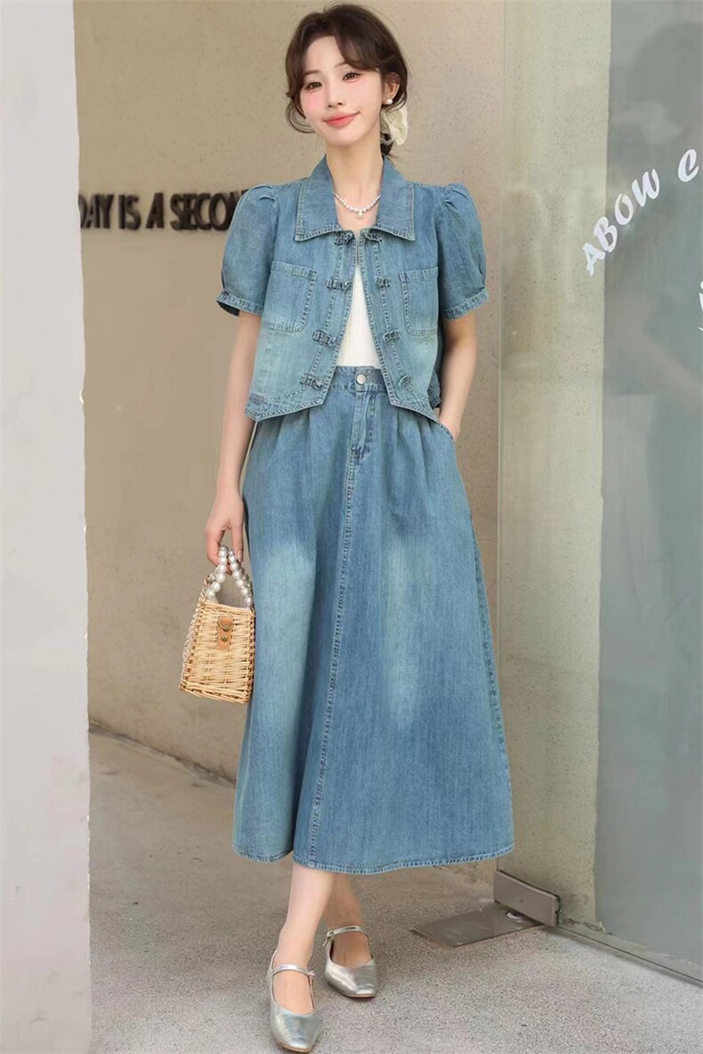 短袖牛仔套装女2024夏季新款女装两件套时尚套装裙子,女装套装/套裙,香水丽阁