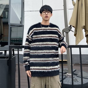 秋冬季条纹撞色圆领毛衣潮牌宽松设计感慵懒风针织衫图片