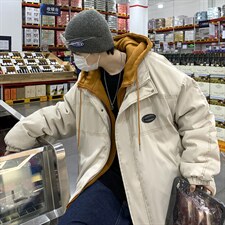 港风新款假两件外套男秋冬款宽松抽绳夹克拉链保暖棉服 W2477-P85图片
