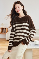 2025秋冬新款100%羊毛条纹拼色针织衫女宽松圆领套头毛衣慵懒风，女装羊毛衫，艾米