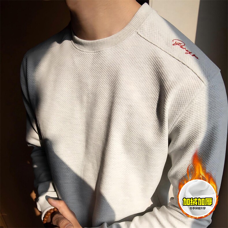 重磅加绒硬挺boxy男女美式高街蜂窝华夫格刺绣圆领长袖卫衣打底衫，男装T恤，电商A486