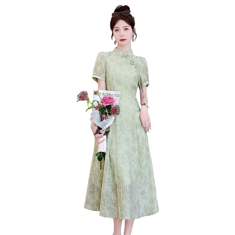 现货新中式连衣裙女夏改良版旗袍年轻款高端气质裙子女小众设计感,女装连衣裙,丽美静依