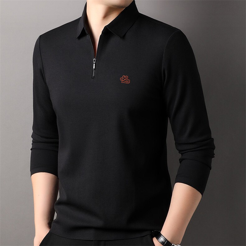 F83065莫代尔含羊毛拉链门襟翻领长袖POLO磨毛保暖刺绣LOGO,男装Polo衫,钱塘207-1