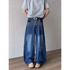 春夏季美式复古碎花直筒牛仔裤男女宽松休闲阔腿长裤潮N07821-P52，男装牛仔裤，星座308B-1