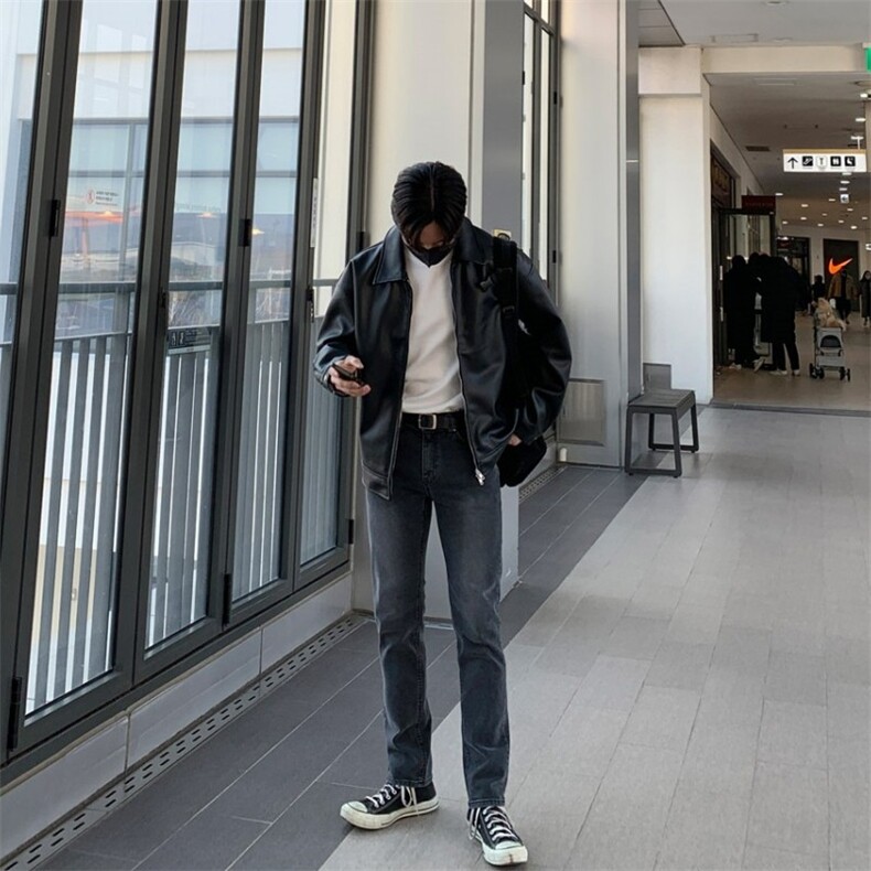 816B-PY016-P105韩风男士宽松连帽皮夹克黑色痞帅皮衣,男装皮衣,星座816B