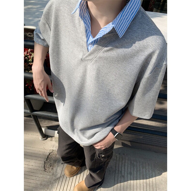 BN0215-P38假两件衬衫领短袖T恤男款夏季潮牌polo领宽松凉感半袖,男装T恤,电商C233