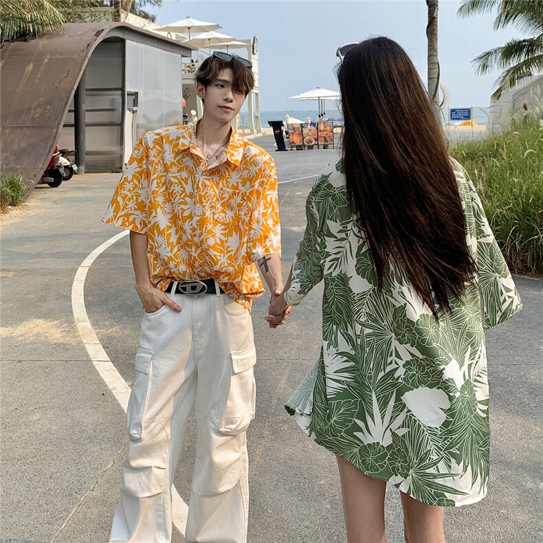 EQ401夏威夷风冰丝衬衫情侣装夏季短袖沙滩旅游度假衬衣男女ins,男装衬衫,电商C306-1