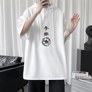 LD54070-P45 连帽短袖t恤男大码胖子带帽五分袖中袖图片