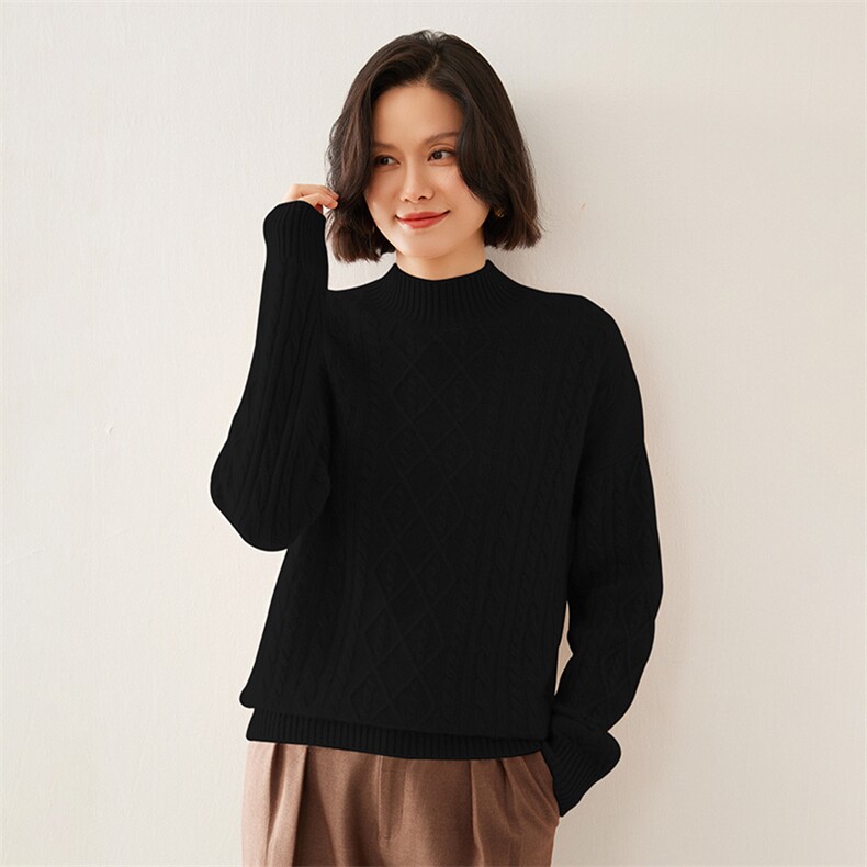 2024秋季新款女士绞花半高领长袖短款套头35%羊绒衫,女装羊绒衫,澳煜绒