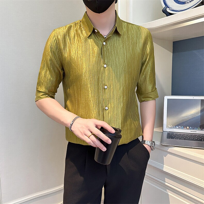 店主风社会小伙男士纯色七分袖衬衫男简约款上衣301A-1/CS560/P55图片