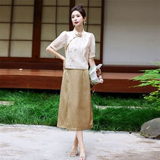 优雅新中式旗袍绣花盘扣短袖两件套连衣裙显瘦修身气质女装，女装连衣裙，衣之秀