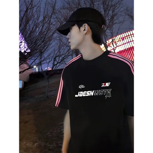 抖音得物品质二开240克宽松纯棉美式潮牌印花三条杠中性风短袖T恤图片