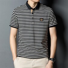 条纹短袖T恤男翻领薄款时尚POLO衫夏季中青年男士休闲棉质体恤衫图片