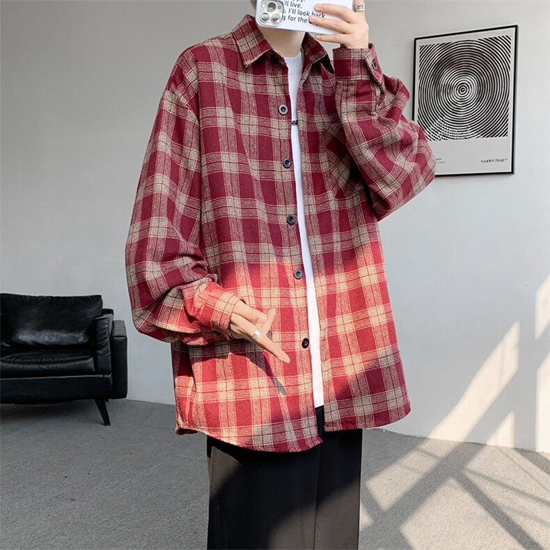 8XL-M格子衬衫男长袖秋季美式复古潮宽松衬衣外套CS516P55控78,男装衬衫,电商D206-1