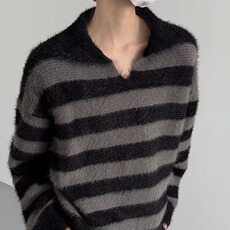仿貂绒毛衣男女高级感冬季新款宽松慵懒风撞色条纹情侣款针织衫，男装针织衫/毛衣，星座506A