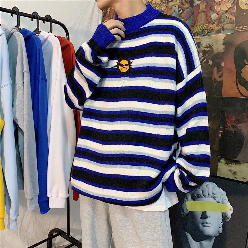 美式街头设计感圆领条纹刺绣毛衣男慵懒风休闲针织M9063P38,男装针织衫/毛衣,星座1116-2