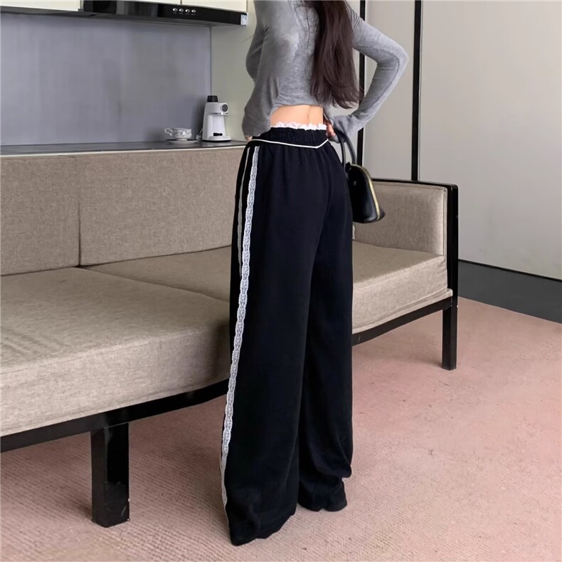 蕾丝花边拼接条纹阔腿裤女秋季新款小个子高腰直筒休闲运动裤，女装休闲裤，星座506A