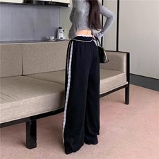 蕾丝花边拼接条纹阔腿裤女秋季新款小个子高腰直筒休闲运动裤，女装休闲裤，星座506A