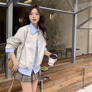 假两件条纹翻领拼接白色外套女春季2025新款韩版百搭工装夹克上衣图片