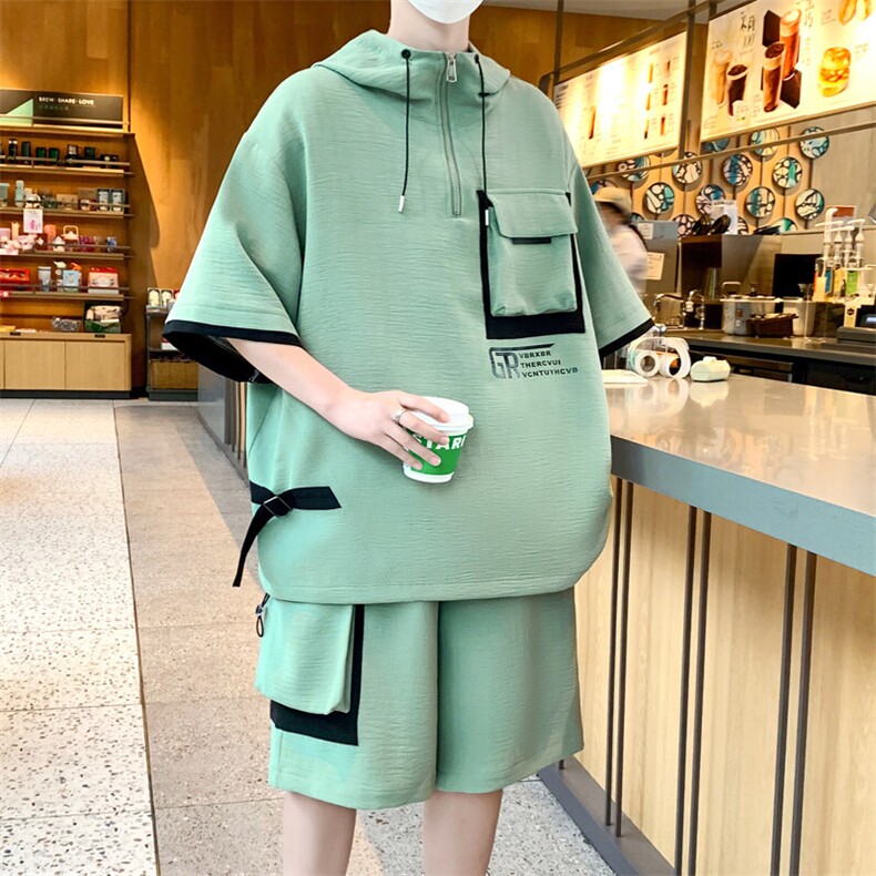 美式工装休闲运动套装夏季痞帅一套短袖短裤两件套A436-T01-P65,男装牛仔裤,电商A436