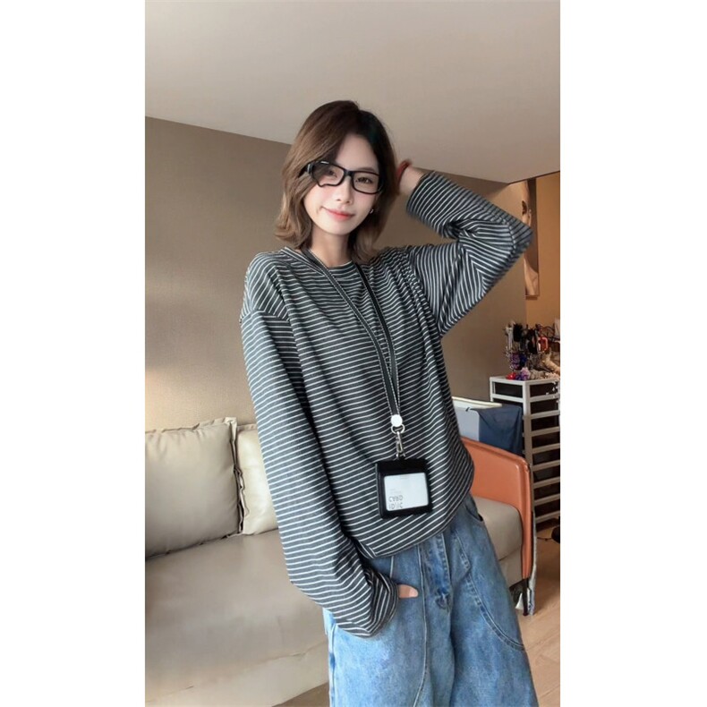 图300克加厚德绒设计感撞色条纹冬季打底衫男女长袖T恤P29,男装T恤,电商C306-1