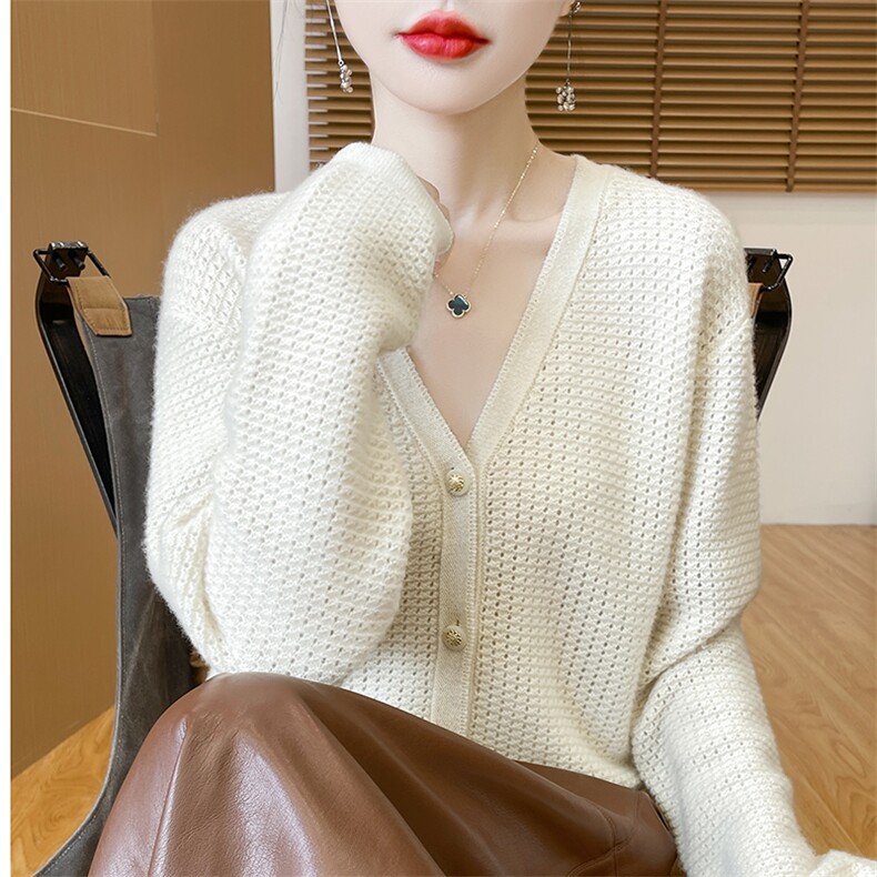 百搭精致时尚秋冬季新款V领简约显瘦外穿开衫羊绒衫,女装羊绒衫,暖习羊绒