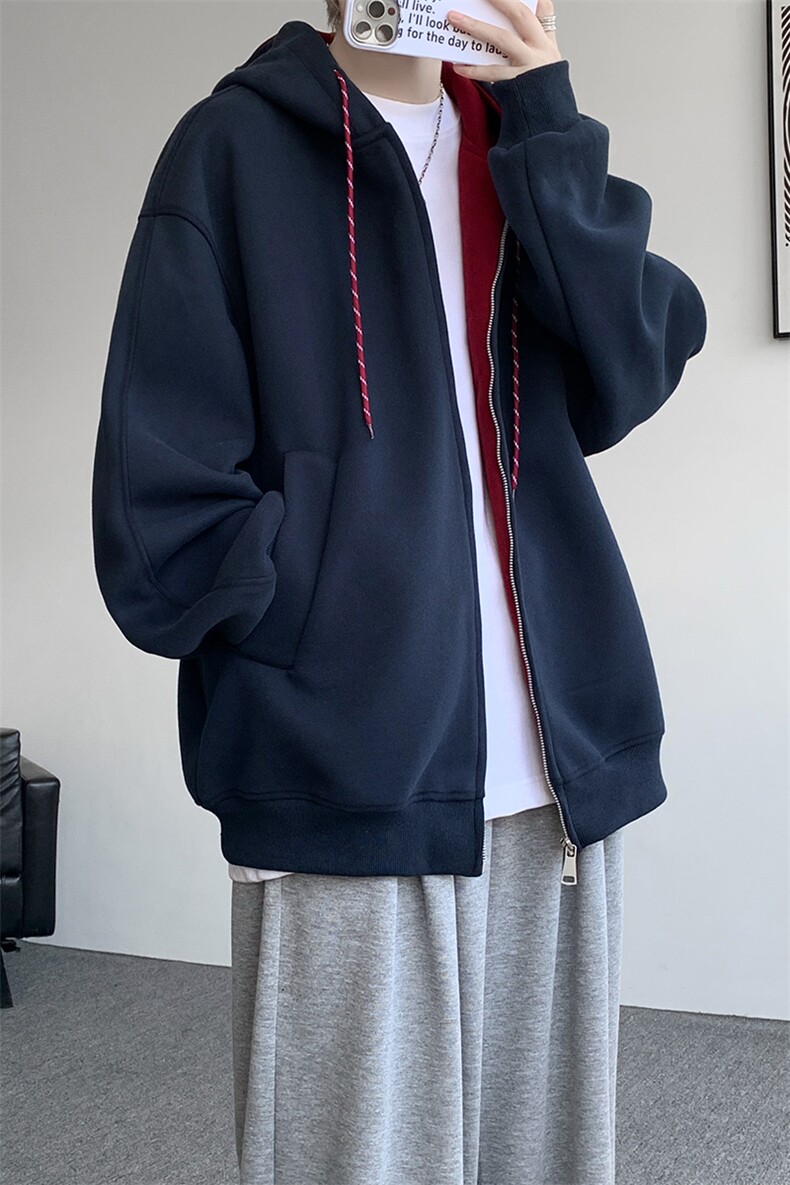 8XL-M秋连帽卫衣男宽松休闲纯色拉链开衫外套拼色帽衫运动WY27P65,女装短外套,电商D206-1