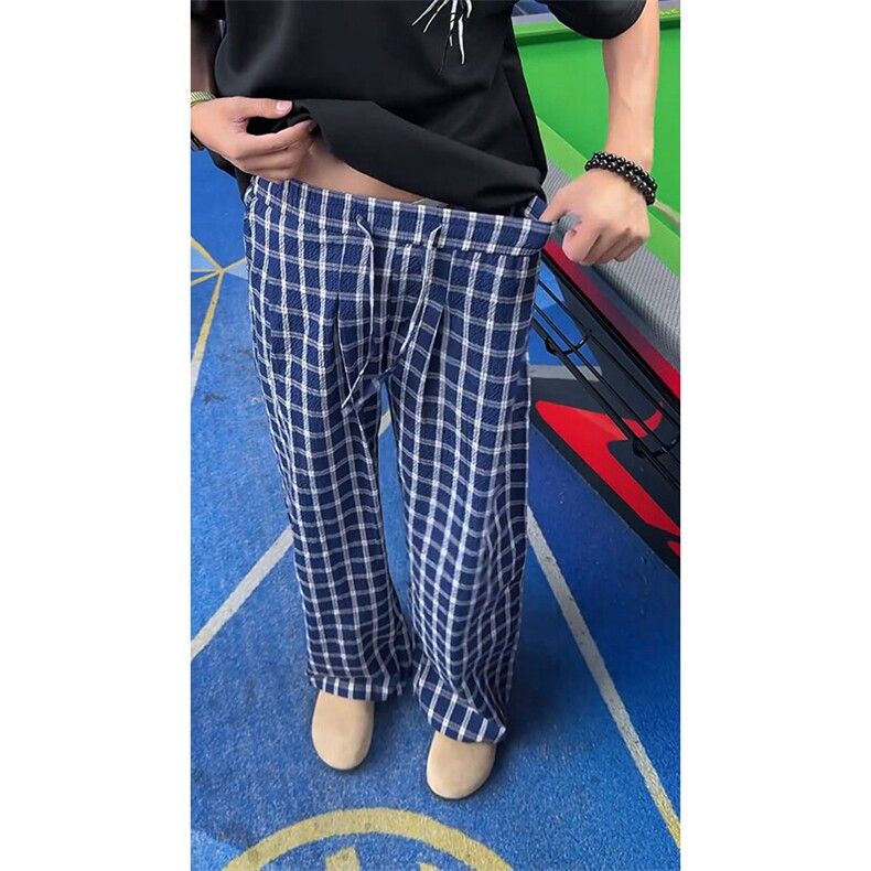 老钱风格子裤男生春秋季垂坠感运动阔腿裤子潮牌宽松直筒拖地长裤,男装休闲裤,电商A001-1