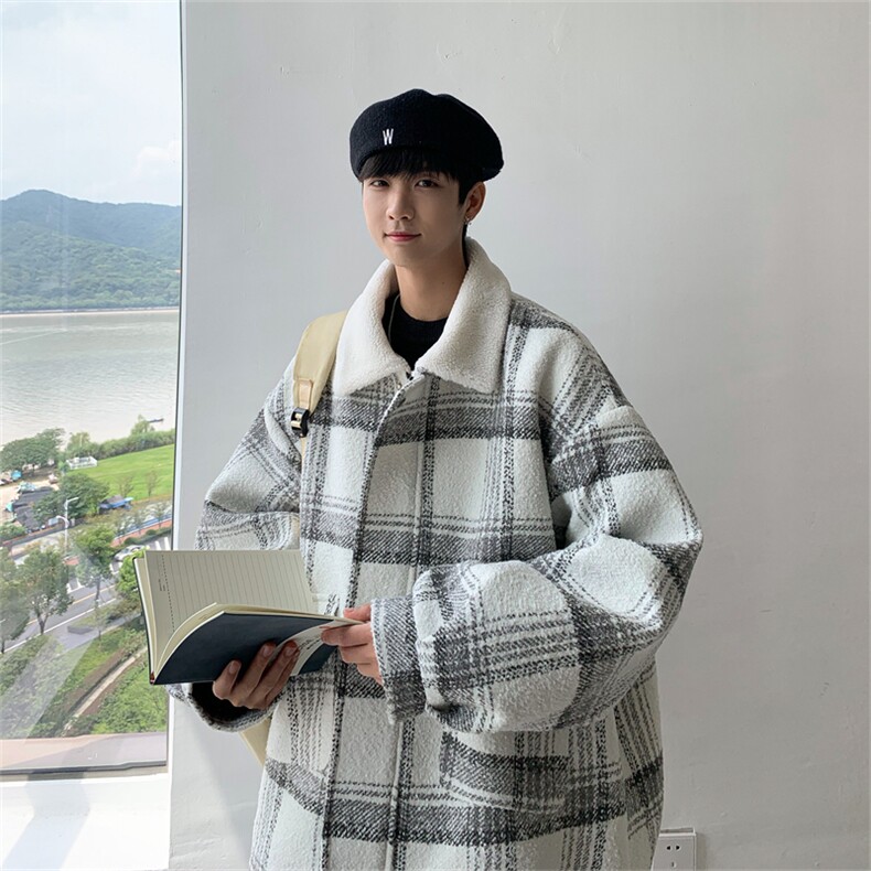 毛呢羊羔绒外套秋冬格子加绒加厚棉服美式高街外套A170-M809-P128,男装棉衣,电商A170