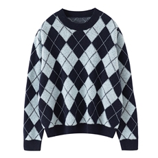 2025年秋季新款拼色毛巾绣菱形格针织羊绒衫时尚休闲通勤百搭，女装羊绒衫，博友羊绒