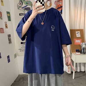 YT26072-P30 亚麻短袖t恤男大码五分袖男宽松七分袖 海报风图片