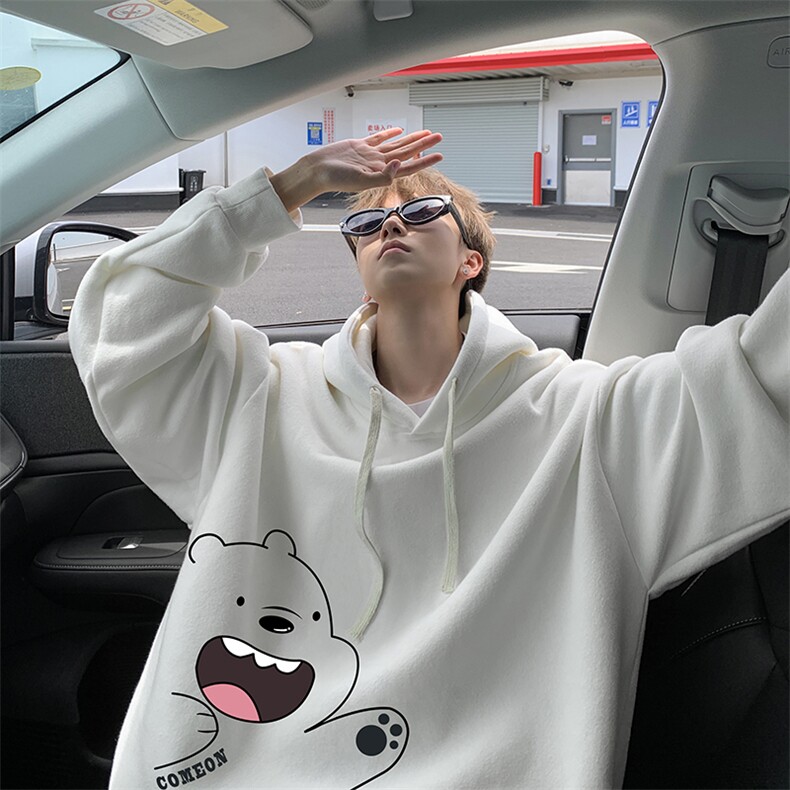 WASSUPHAPPY小熊卫衣男大码学生重磅运动外套秋冬款加绒加厚上衣,男装卫衣,电商A040