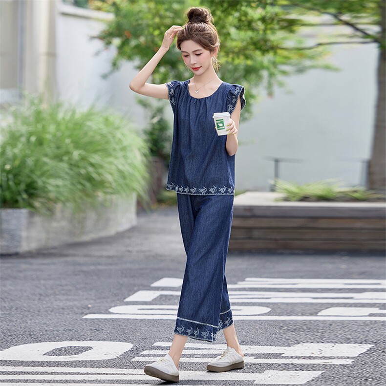 韩版刺绣牛仔阔腿裤两件套装女2025夏季新款小个子时尚飞袖套装潮,女装套装/套裙,魅影
