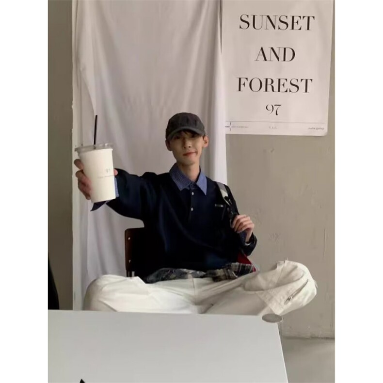 宽松型潮青少年常规秋季假两件小众设计感拼接灰色卫衣男长袖潮流,男装卫衣,星座410-7