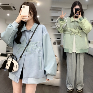 2024潮情侣美式星星LOGO麂皮绒棒球服宽松夹克外套女 C789-P100图片