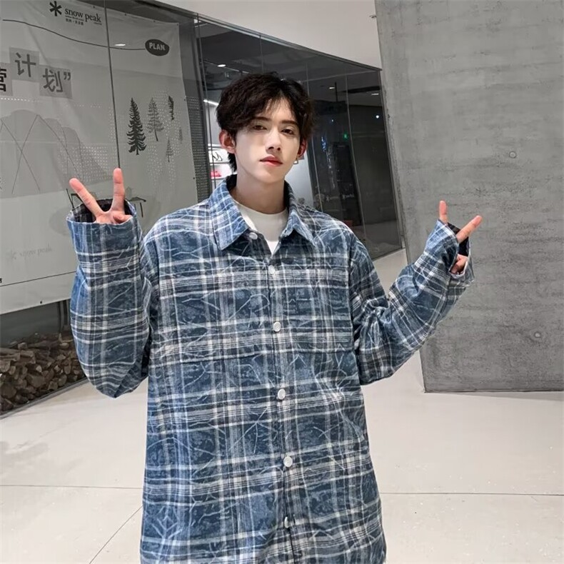 春秋季港风格子衬衫男痞帅高级感长袖衬衣潮流潮牌日系内搭外套,男装衬衫,星座1013